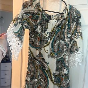 Paisley Print Women's Top with Lace Sleeves